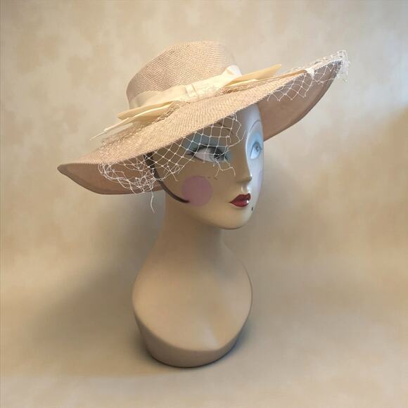Vintage 1950s 60s Style Epnie Wide Brim Straw Hat with Veil & Grosgrain Ribbon main image 5